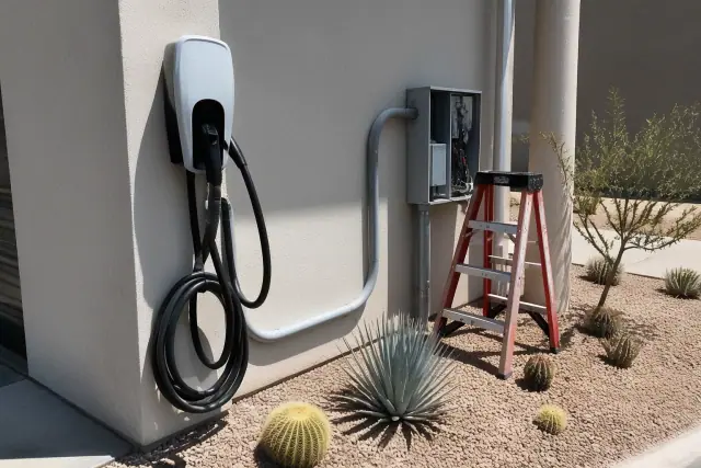 A wall-mounted EV charger installation with conduit on a stucco wall at a job site in Phoenix, AZ.