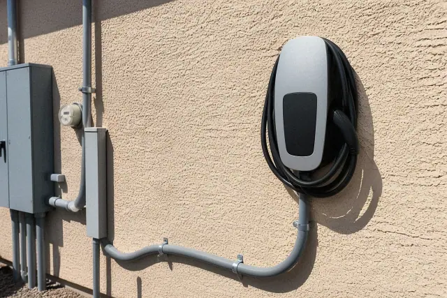 EV charger mounted on a stucco wall with conduit piping at a jobsite in Phoenix, AZ.