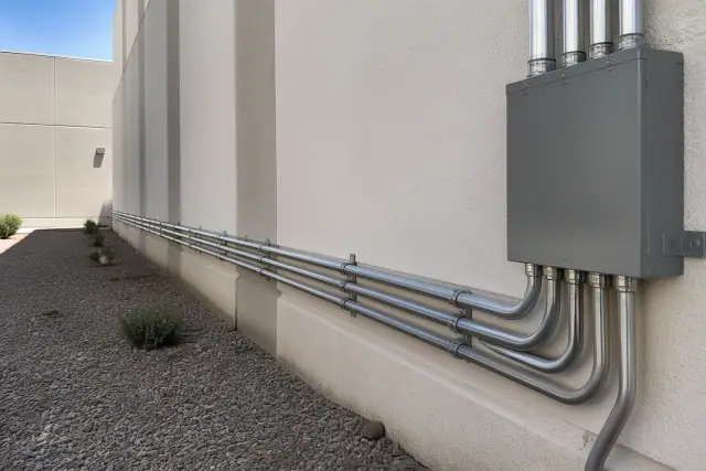 Exposed metal conduit and junction boxes installed on an industrial building wall in Phoenix, AZ.