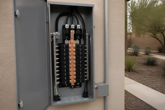 New commercial electrical panel installation on a stucco wall in Phoenix, AZ.