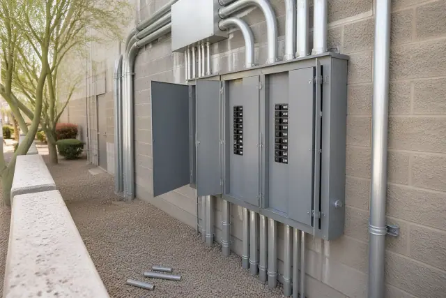 Three-phase electrical panel installation on a warehouse wall in Phoenix, AZ.