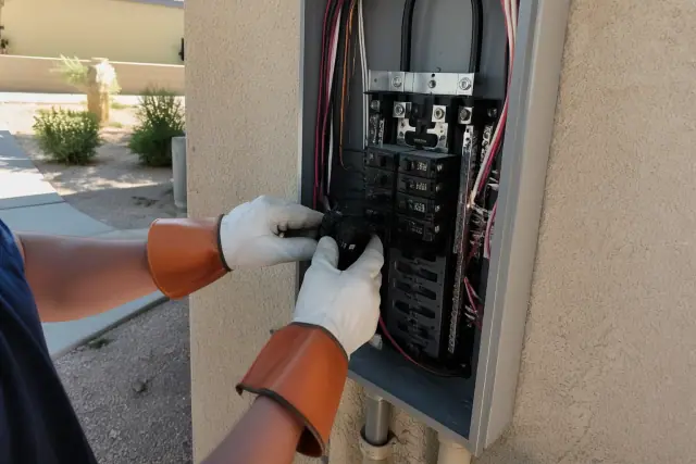 An electrician installing a new circuit breaker in a residential panel at a home in Phoenix, AZ.