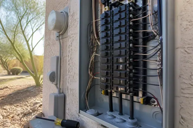 New circuit breaker installed in a residential electrical panel in Phoenix, AZ, with an insulated screwdriver nearby.