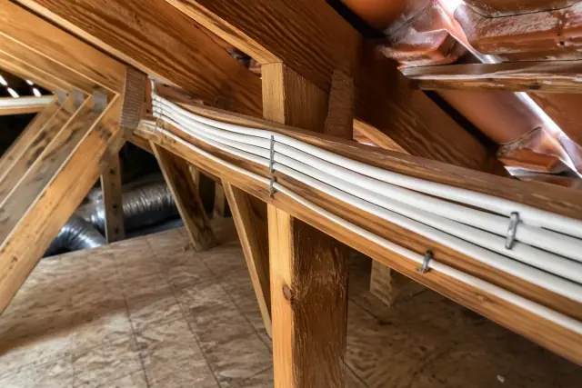 Electrical cables stapled to wooden attic rafters during a whole home rewiring project in Phoenix, AZ.