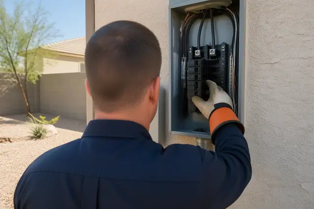 Electrician in insulated gloves installing a circuit breaker in a residential panel in Phoenix, AZ.