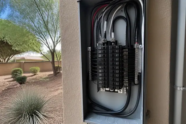 Electrician installing a dedicated high-capacity circuit breaker in a residential panel in Phoenix, AZ.