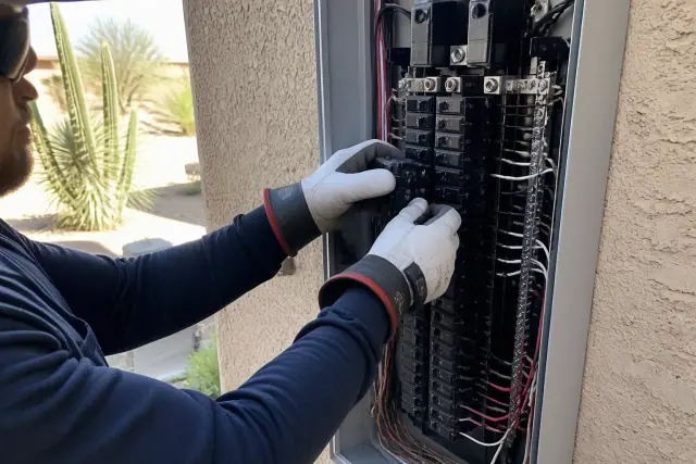 Electrician installing a circuit breaker in a residential panel in Phoenix, AZ.