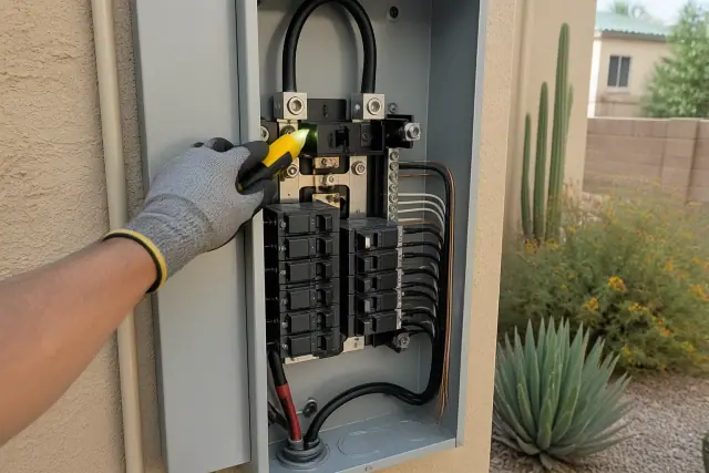 Electrician wearing gloves installing a circuit breaker in a residential panel in Phoenix, AZ.