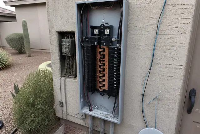 New electrical panel installation with exposed copper bus bars on a residential wall in Gilbert, AZ.