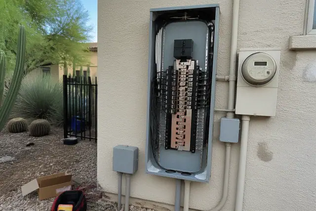 New electrical panel installation with copper bus bars and neatly routed wiring on a stucco wall in Phoenix, AZ.