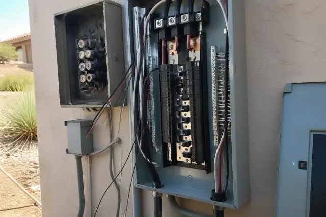 Electrician installing a new electrical panel on a stucco wall at a job site in Peoria, AZ.