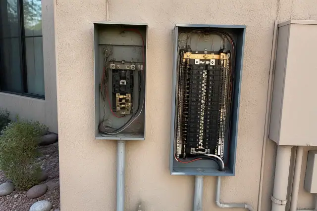 New electrical panel installation with labeled circuits on a stucco home exterior in Tempe, AZ.