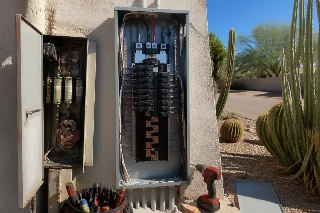 Old electrical fuse cabinet being replaced by a new, wide-capacity electrical panel in Scottsdale, AZ.