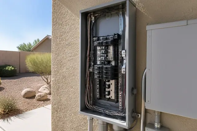 Electrician installing a circuit breaker for an EV charger in a Phoenix, AZ residential electrical panel.
