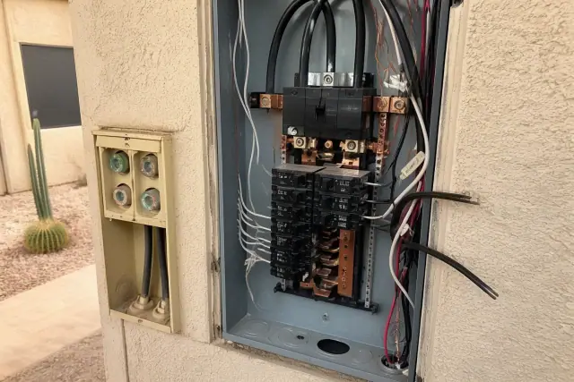 Electrician replacing an old fuse box with a new electrical panel during a home upgrade in Sun City, AZ.