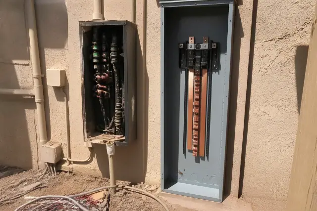 An electrician replacing an old fuse cabinet with a new electrical panel on a stucco wall in Glendale, AZ.