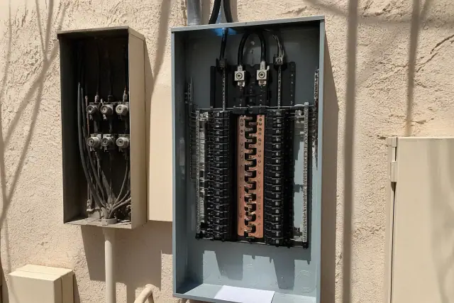 A new electrical panel installed during a service upgrade at a residential home in Phoenix, AZ.