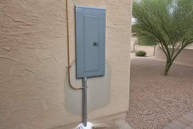 New electrical panel installed on a beige stucco wall at a home in Phoenix, AZ with desert landscaping.