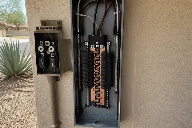 New electrical panel installation with copper bus bars and wiring on a stucco wall in Phoenix, AZ.