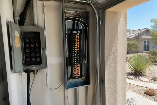 New electrical panel installation in a Chandler, AZ garage with copper bus bars and neatly routed wiring.