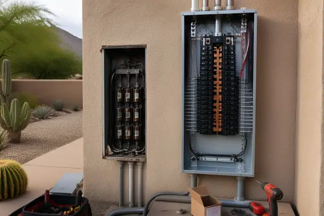 Electrical panel upgrade in progress on a stucco wall in Paradise Valley, AZ.