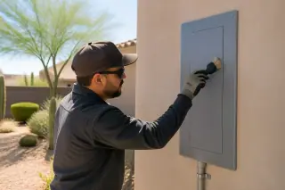 Electrician cleaning a modern electrical service panel on a stucco home exterior in Phoenix, AZ.