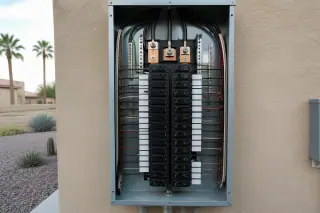 New electrical service panel with labeled circuits and copper bus bars at a home in Phoenix, AZ.