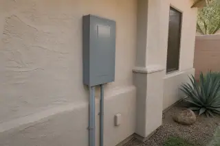 Gray electrical service panel mounted on a stucco wall with xeriscape landscaping in Phoenix, AZ.