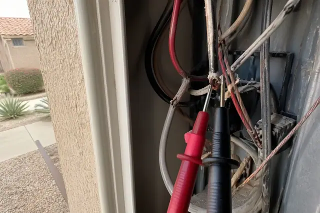 Multimeter probe testing frayed wires inside a utility closet at a home in Peoria, AZ.