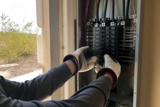 Electrician wearing gloves installing a circuit breaker in a residential service panel in Phoenix, AZ.