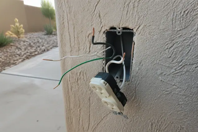 Exposed electrical wiring and junction box in a stucco wall during a home repair in Goodyear, AZ.
