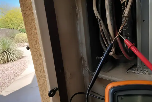 Multimeter probe testing damaged wires in a residential utility closet in Phoenix, AZ.