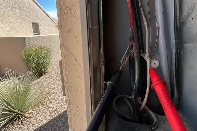 Multimeter probe testing damaged wires in a residential utility closet in Mesa, AZ.