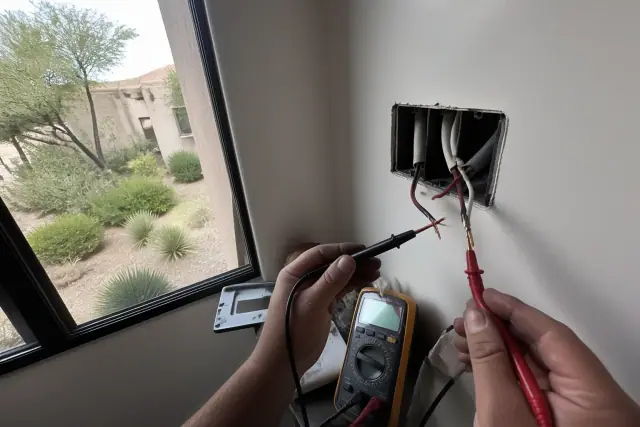 Multimeter probes testing exposed copper wires during an electrical repair in a bright room in Paradise Valley, AZ.