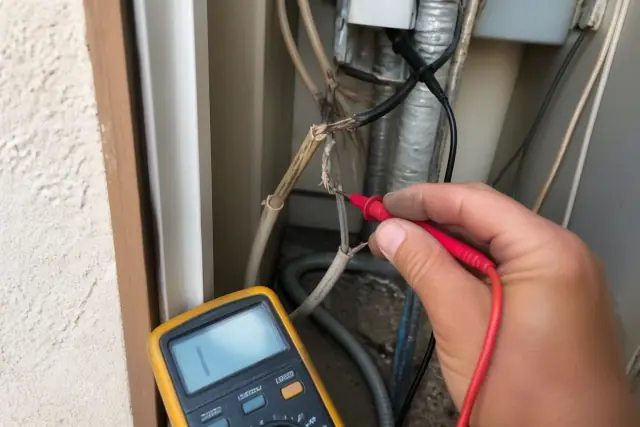 Technician using a multimeter to test damaged wires in a residential utility closet in Chandler, AZ.