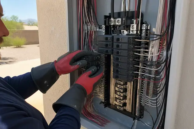 Electrician wearing gloves installs a circuit breaker in a residential panel board at a jobsite in Phoenix, AZ.