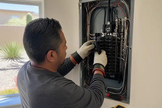Electrician installing a circuit breaker into a residential service panel in Phoenix, AZ.
