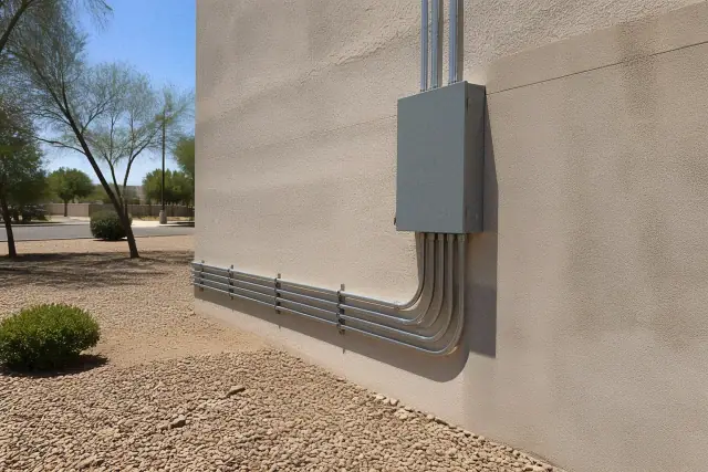 Electrical conduit and junction box installed on a stucco wall at a commercial property in Phoenix, AZ.