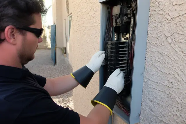 Electrician in insulated gloves installing a circuit breaker in a residential service panel in Phoenix, AZ.