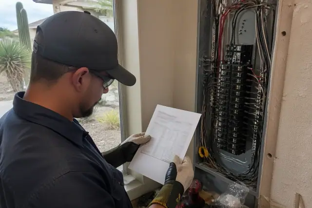 Electrician in insulated gloves reviewing an estimate while installing a circuit breaker in a Phoenix, AZ home.