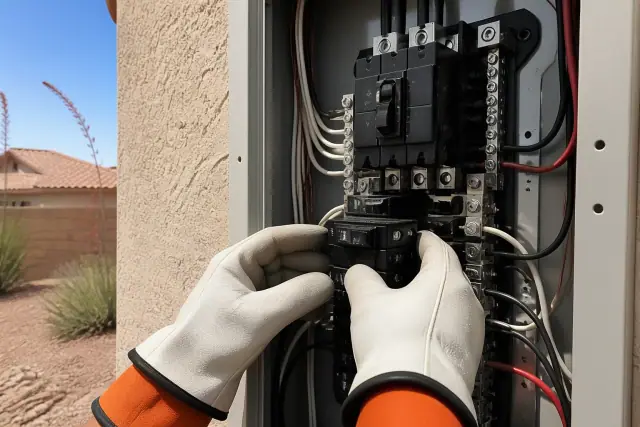 Electrician installing a circuit breaker into a residential service panel in Phoenix, AZ.