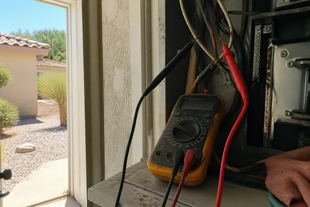 Multimeter probe testing damaged electrical wiring in a Tempe, AZ residential utility closet.