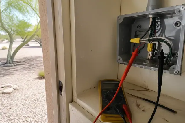 Multimeter probes testing repaired electrical wires in a residential utility closet in Paradise Valley, AZ.