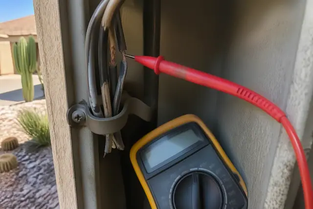 Multimeter probe testing damaged wires in a residential utility closet in Phoenix, AZ.