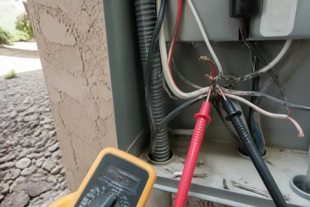 Multimeter testing damaged wires in a residential utility closet at a jobsite in Mesa, AZ.