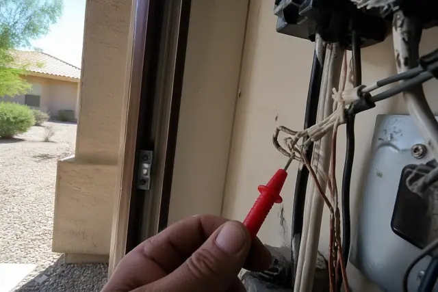 An electrician testing damaged wires with a multimeter in a residential utility closet in Peoria, AZ.