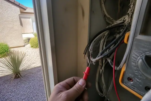 Electrician using a multimeter to test damaged wires in a residential utility closet in Chandler, AZ.