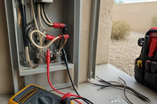Multimeter testing repaired wiring in a residential utility closet in Gilbert, AZ.