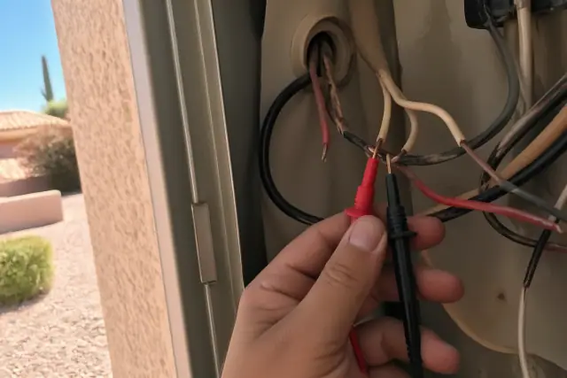 Electrician testing damaged wires with a multimeter in a residential utility closet in Sun City, AZ.
