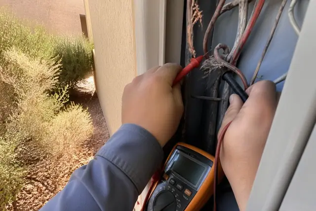 Electrician using a multimeter to test damaged wires in a residential utility closet in Scottsdale, AZ.